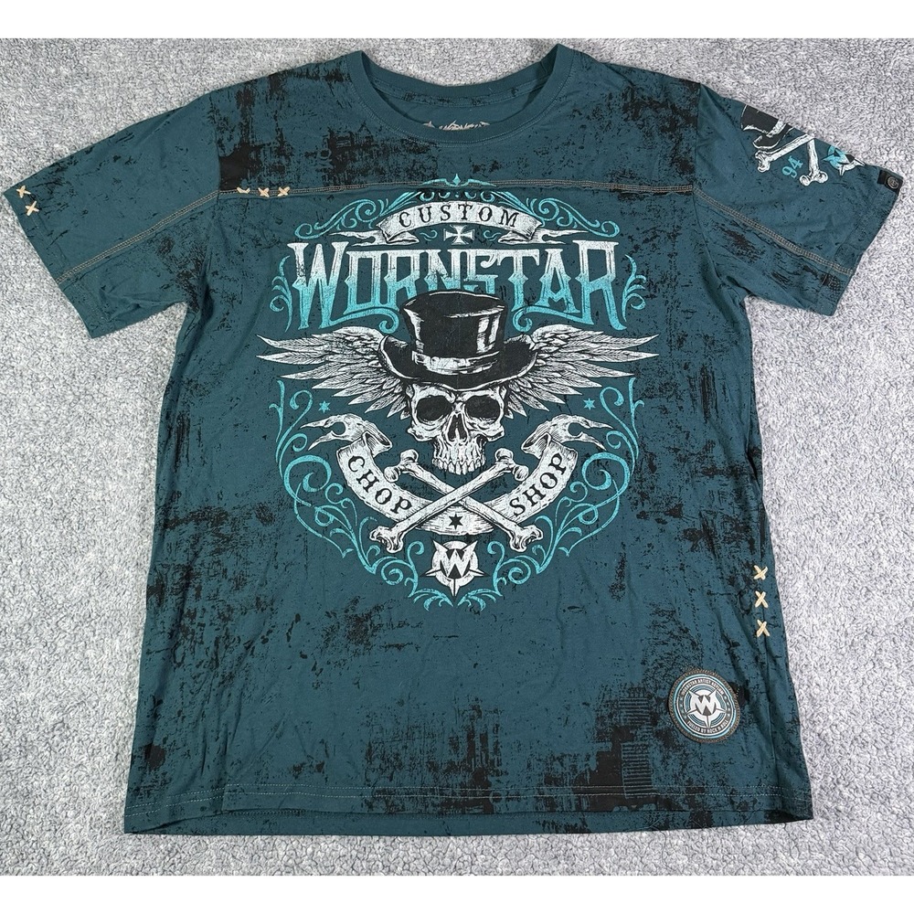 Wornstar Chop Shop T-Shirt Mens XL Blue Skull Crossbones Grunge Artist Asylum